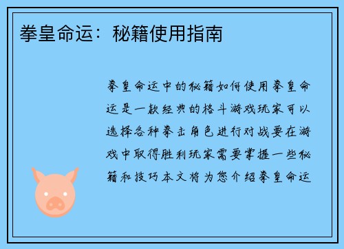 拳皇命运：秘籍使用指南