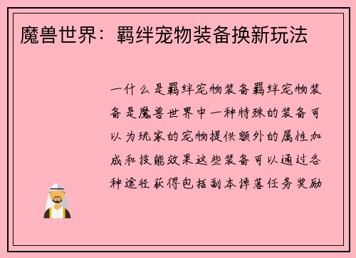 魔兽世界：羁绊宠物装备换新玩法